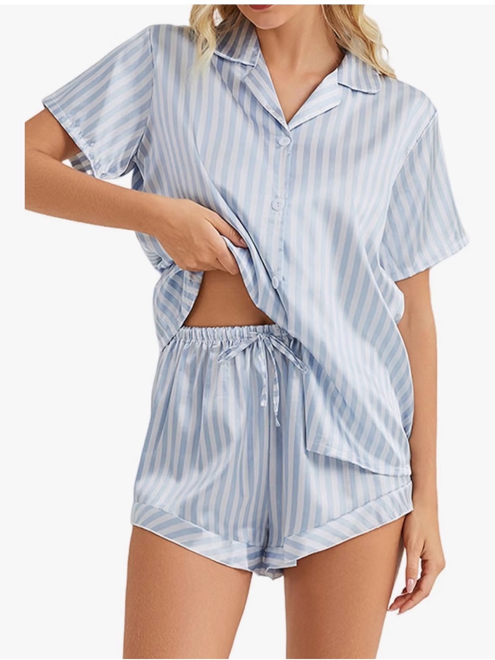 Striped Short Sleeve Satin Pajama Set - Light Blue